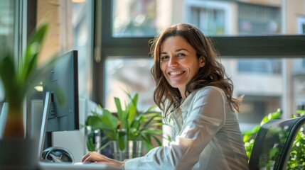 Poster - A woman is sitting at a desk with a computer and smiling