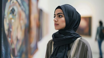 Poster - A woman wearing a black scarf stands in front of a painting