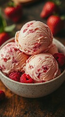 Sticker - Delicious raspberry ice cream being served with fresh raspberries and mint