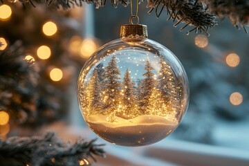 Wall Mural - christmas ornament hanging on a christmas tree is reflecting a snowy forest scene