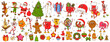 © Vector Tradition - Cartoon groovy funny Christmas characters for winter holidays, vector icons. Groovy Santa with Christmas tree and New Year gifts, Ho Ho Ho and cookie with funky snowman character in retro cartoon