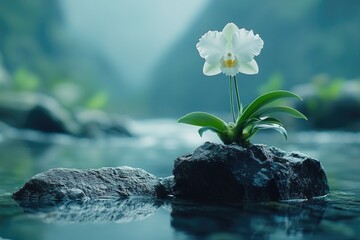 White orchid blooming near small waterfall in nature