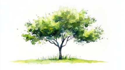 Poster - A vibrant watercolor depiction of a tree with lush green foliage standing on a simple grassy area under bright light