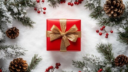 Poster - A red gift box with a large gold bow is placed on a white background covered in snow. Pine branches with red berries and brown pine cones are surrounding the gift box.