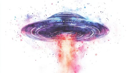 Poster - Colorful watercolor depiction of a UFO hovering above a vibrant cosmic backdrop filled with stars and nebulas