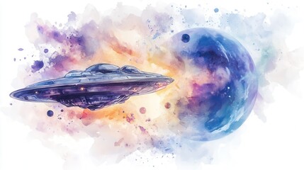 Poster - A colorful watercolor depiction of a UFO flying towards a distant planet in a vibrant cosmic background filled with stars and nebulae
