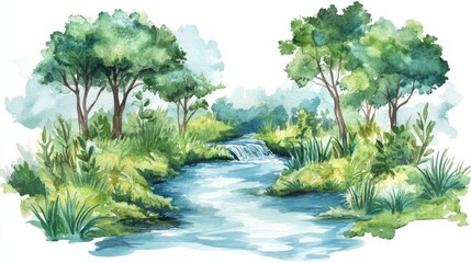 A serene watercolor landscape of a tranquil river flowing through lush greenery and trees in a peaceful natural setting