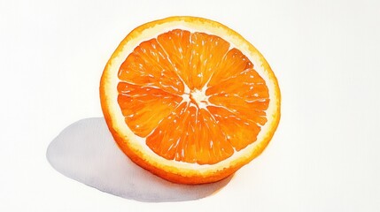 Poster - A vibrant orange slice with detailed texture and shadow resting on a white surface, showcasing freshness and natural colors