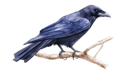 Poster - A striking blue raven perched on a branch against a plain background showcasing its vibrant plumage and intricate feather details