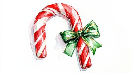 Poster - Brightly colored candy cane with a green bow resting on a white background, showcasing festive holiday decor details