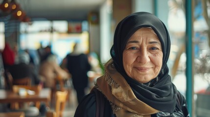 Poster - A woman wearing a black scarf and a black head scarf is smiling