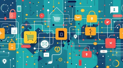 Fototapete - Abstract illustration of digital connections and technology with depicting network of icons symbols and lines for representing interconnectedness of modern technology concept.