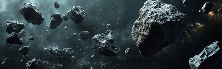 Aufkleber - A field of asteroids drifting in the depths of space surrounded by stars and cosmic dust