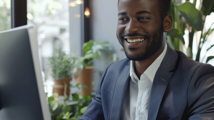 Fototapete - A man in a suit is smiling at a computer monitor