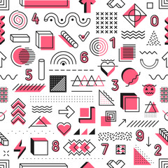 Aufkleber - Abstract Memphis geometric shapes seamless pattern background, vector tile. Modern or retro hipster Memphis pattern of minimal geometric figures, numbers and halftone isometric elements for background