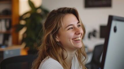 Poster - A woman with long brown hair is smiling at a computer monitor