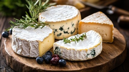 Poster - A delightful cheese platter featuring a variety of cheeses garnished with herbs and berries on a wooden board