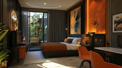 Modern bedroom with tropical view featuring bold colors and stylish decor in a luxurious setting