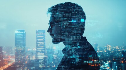 Poster - A person with glasses stands in profile against a city skyline at night, featuring digital overlays representing technology and data