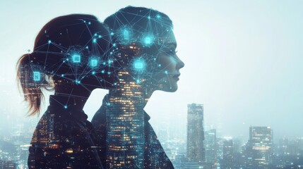 Poster - Silhouettes of two people with digital network overlay overlooking a nighttime cityscape while embracing technology and innovation