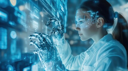 Poster - A scientist interacts with a futuristic digital interface in a high-tech lab while exploring innovative technology concepts