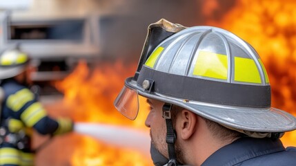 Wall Mural - Firefighter battles intense flames during emergency response.