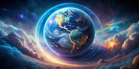 Wall Mural - A celestial embrace, a luminous orb in the vast cosmic expanse, shrouded in ethereal clouds, bathed in the radiant glow of an unseen sun.