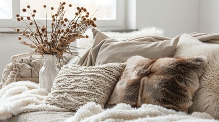 Poster - A white couch with a vase of flowers and pillows on it