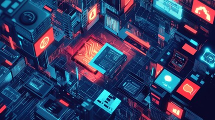 Aufkleber - A vibrant digital network depicting technological infrastructure with bright circuit patterns and data visualizations at night