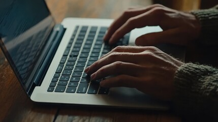 Aufkleber - Person typing on a laptop at a wooden desk with natural light in a cozy indoor setting during evening hours