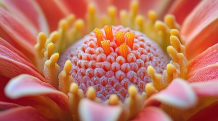 Poster - Close-up view of a vibrant pink flower showcasing intricate details of petals and stamens in natural sunlight