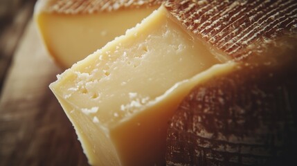 Aufkleber - Delicious close-up of cheese cut with a rich texture and golden hue on a wooden board