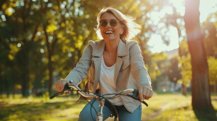 Poster - A woman is riding a bicycle in a park
