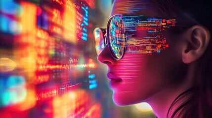 Poster - a woman wearing reflective glasses observes vibrant digital data projections in a modern tech enviro