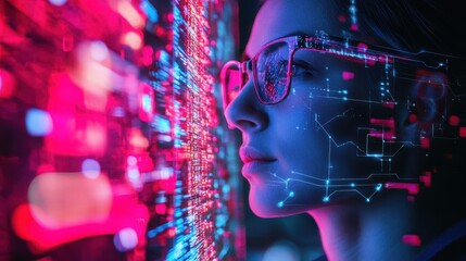 Poster - a young woman with glasses closely examines digital data displays in a modern, illuminated environme