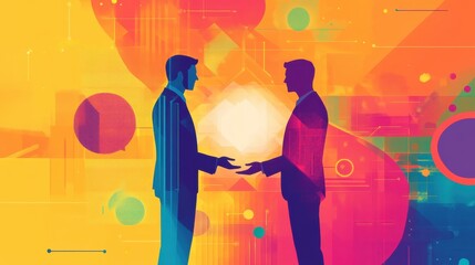 Poster - Two business professionals shake hands in a vibrant digital environment filled with abstract shapes and colors