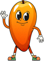 Poster - Cartoon groovy mango fruit character. Cheerful, tropical, ripe and healthy fruity personage with expressive eyes and sneakers is smiling, and waving hand, showcasing a friendly and positive vibes