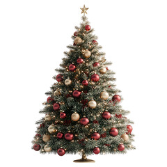 Wall Mural - Christmas tree decorated with red and gold ornaments and star topper isolated on transparent background.
