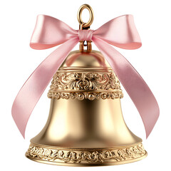 Wall Mural - Golden Christmas bell with intricate design and pink bow on a transparent background.
