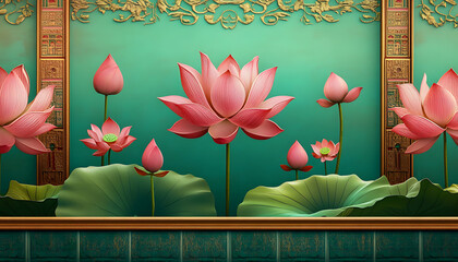 Poster - A digital illustration of three-dimensional pink lotus flowers on Egyptian borders with a vibrant green and teal background