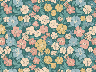 floral pattern, cute and simple cartoon illustration of a ditsy floral pattern in soft and muted pastel shades.