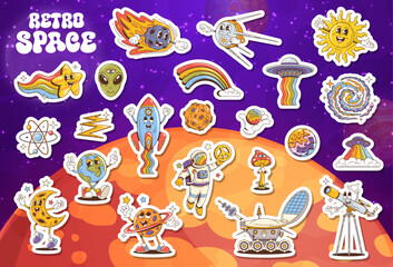 Poster - Cartoon retro groovy space characters stickers pack. Vector Sun, star with rainbow or alien head. Rocket, meteor, satellite and ufo, atom or lightning bolt. Earth, moon, planet with rings or astronaut