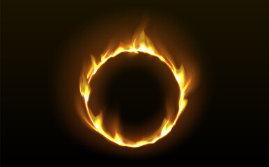 Poster - fire ring with glowing tongues of flame on black background. realistic 3d vector illustration of rou