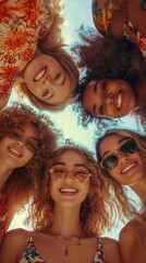 Happy, portrait and low angle of friends in circle, Generative AI