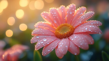 Canvas Print - A single pink daisy with dew drops in the morning light.