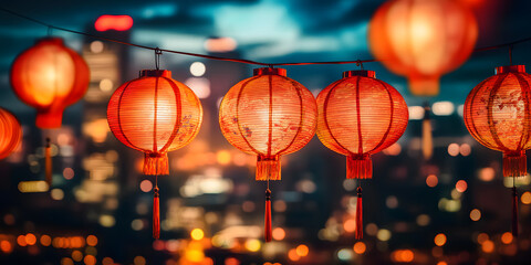 Sticker - Background with traditional Asian red hanging lanterns. convey the essence of a festive Asian night.