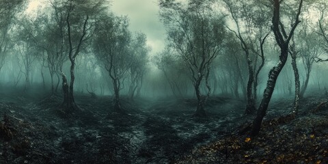 a dream Halloween landscape in a gloomy, foggy woodland