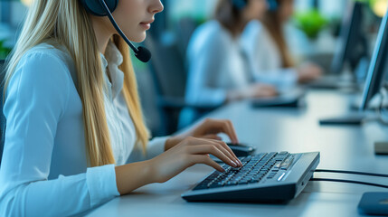 A close-up of a young womanÃ¢ÂÂs hands typing on a keyboard in a sleek call center office. She wears a headset and engages in a conversation with a customer, surrounded by her focused