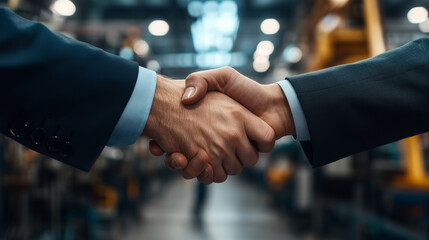 A firm handshake between two men in a manufacturing plant, with industrial machinery and factory workers in the background, representing an industrial or manufacturing deal.