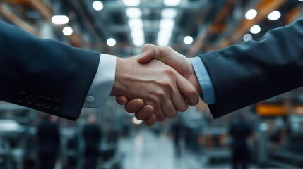 A firm handshake between two men in a manufacturing plant, with industrial machinery and factory workers in the background, representing an industrial or manufacturing deal.